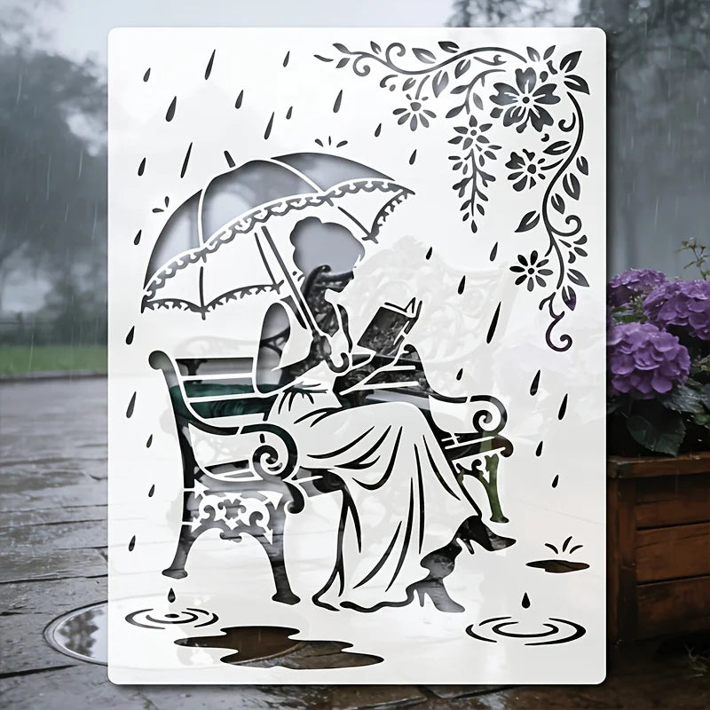 stencil diy illustration femme parapluie fleurs gouttes pluie coloriage peinture murale scrapbooking