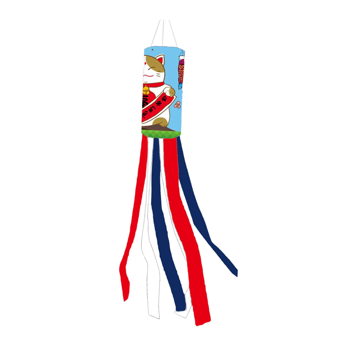 Éventail vent koinobori japonais motifs maneki neko rubans colorés bleu marine rouge blanc