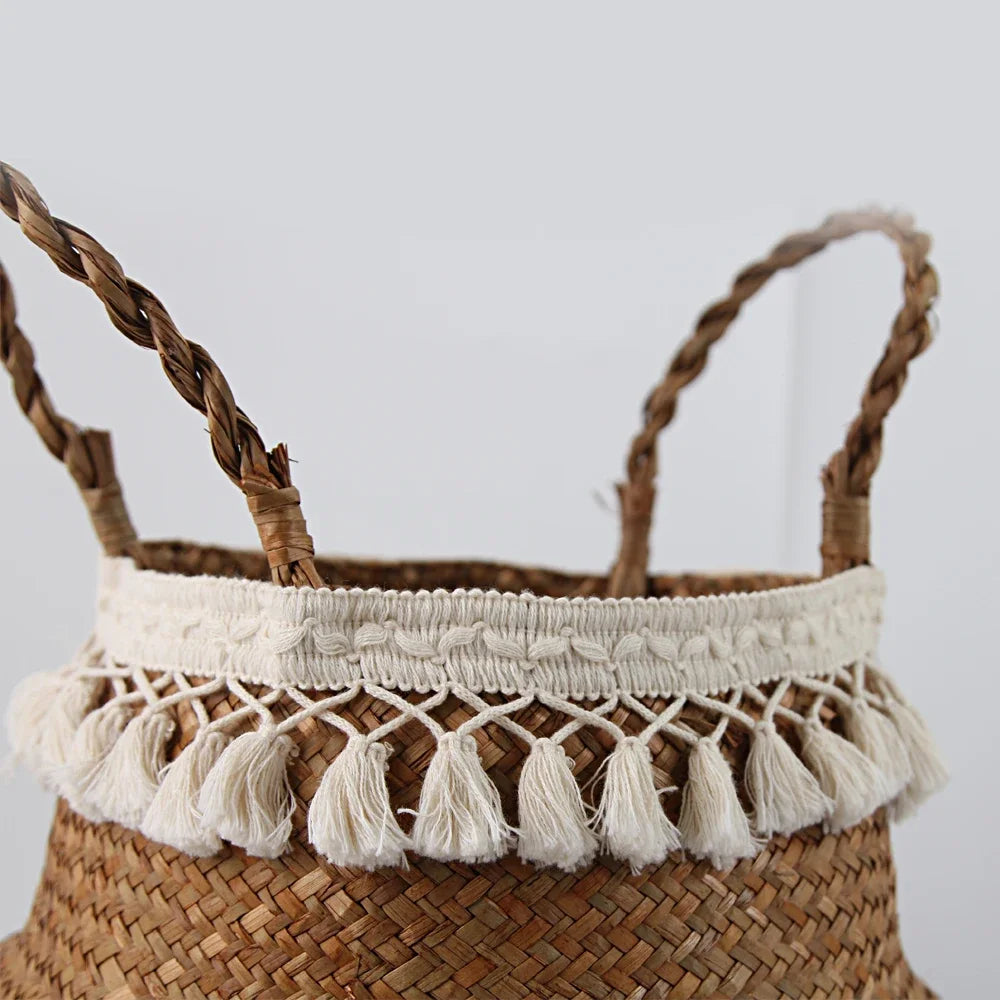 panier tressé marron blanc franges boho durable réutilisable rangement plantes écologique pliable