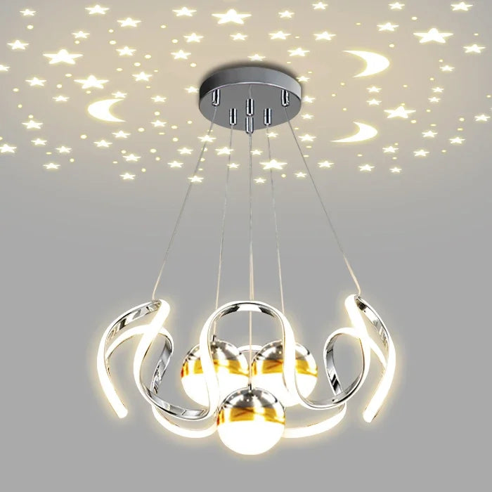 suspension lumineuse moderne noir doré boules lumière câbles suspendus forme circulaire ondulée