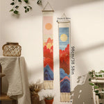 tenture murale bohème paysage montagnes soliel coton orange rouge bleu beige blanc minimaliste