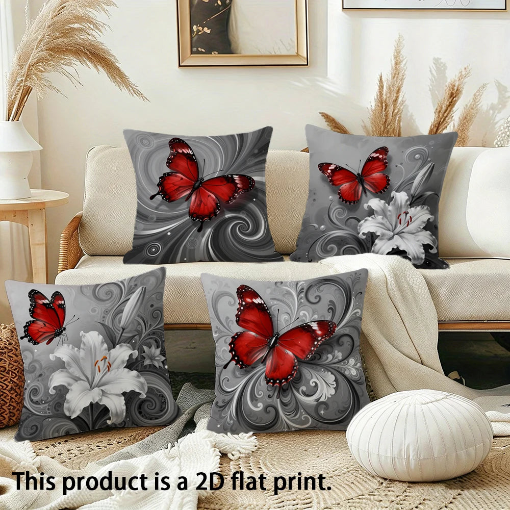 taies d'oreiller imprimées papillons fleurs rouge gris lit maison hospitalière polyester peachskin decoration chambre