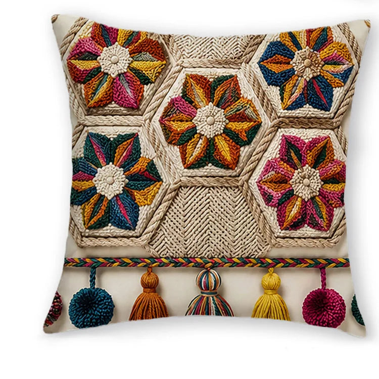 taies d'oreiller boho chic broderie géométrique motifs floraux franges colorées polyester beige multicolore 40x40cm