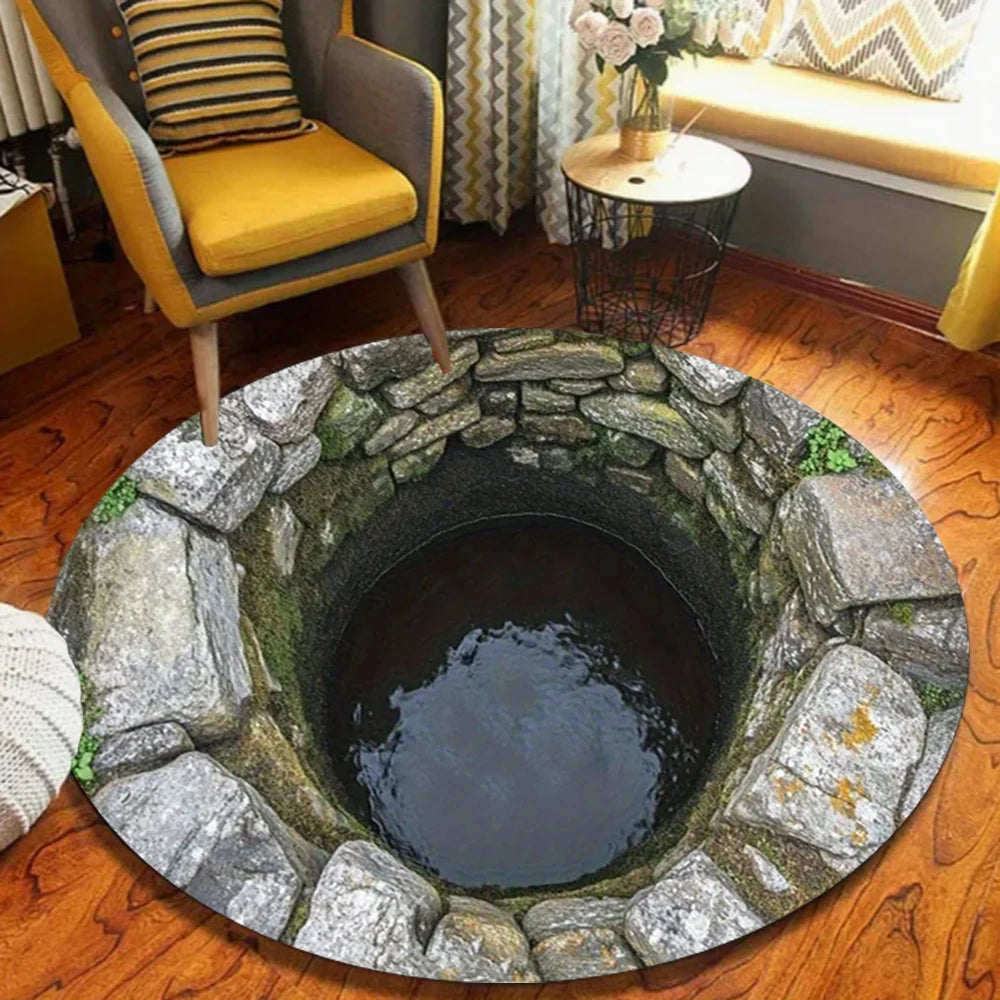 tapis rond 3d effet mur pierre décoratif salon chambre moderne gris bleu vert noir
