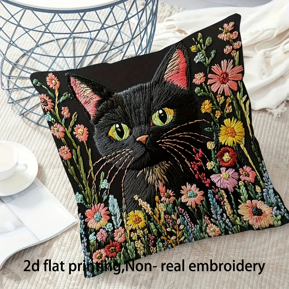 housse coussin carré chat noir fleurs colorées imprimé 2d polyester zip closure 45x45cm chambre