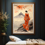 Une femme vêtue d'un magnifique kimono rouge orné de fleurs se tient devant un paysage japonais avec un temple sur une montagne.