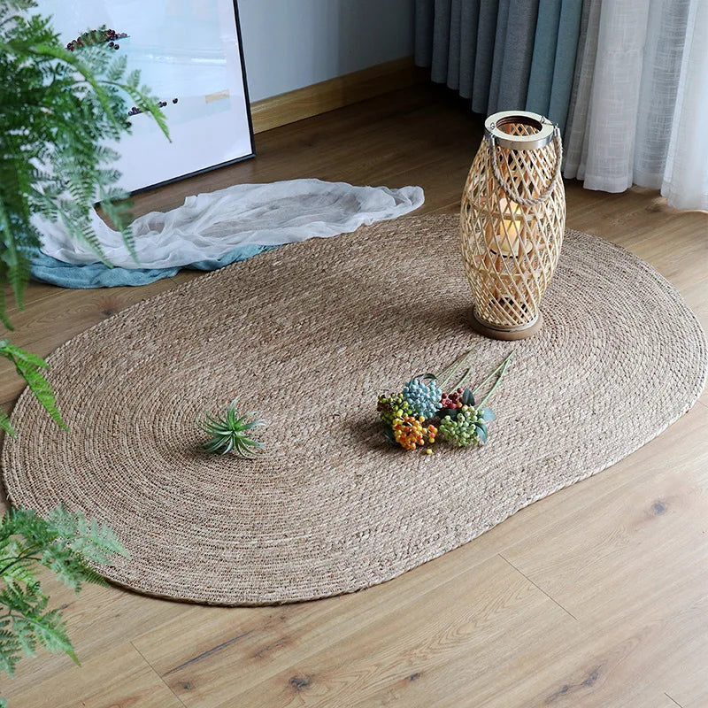 tapis ovale jute rayures blanches naturel rustique salon chambre