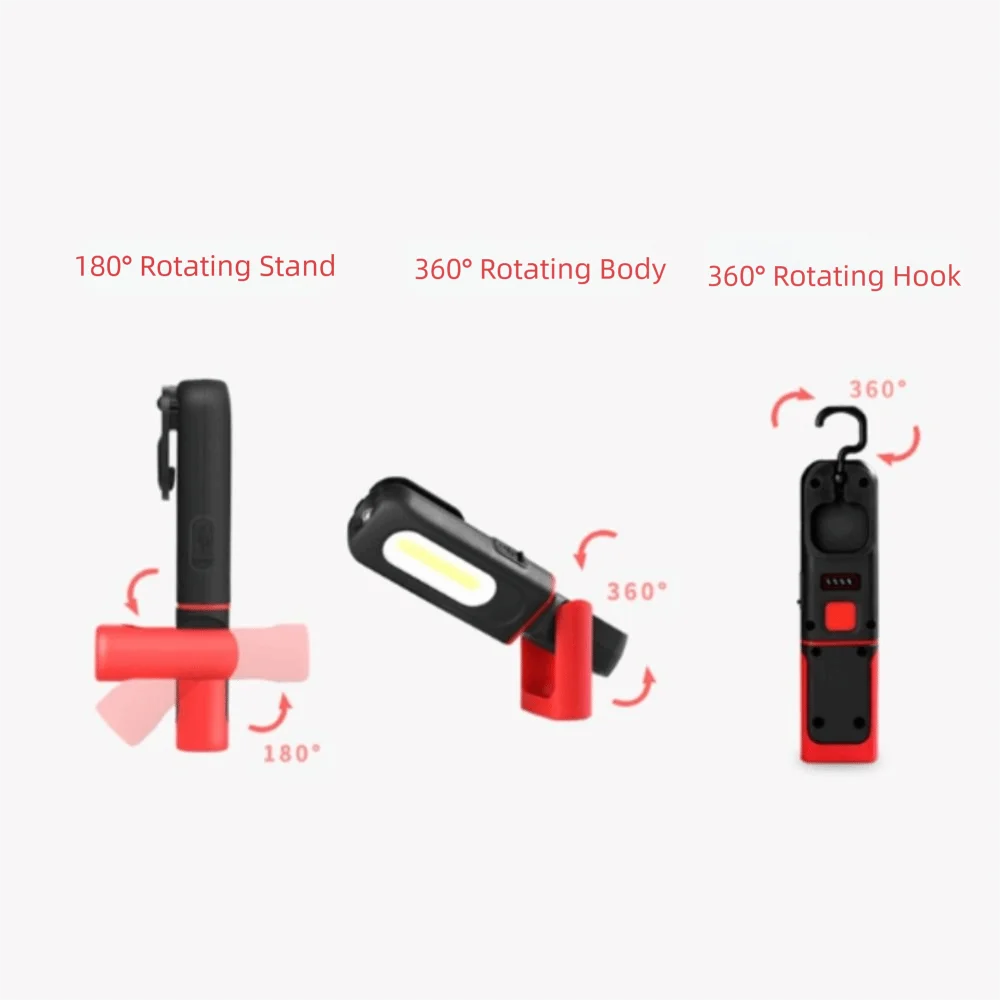 lampe torche rechargeable usb noire rouge crochets rotatifs indicateur charge moderne