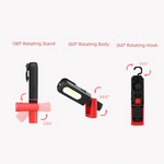 lampe torche rechargeable usb noire rouge crochets rotatifs indicateur charge moderne