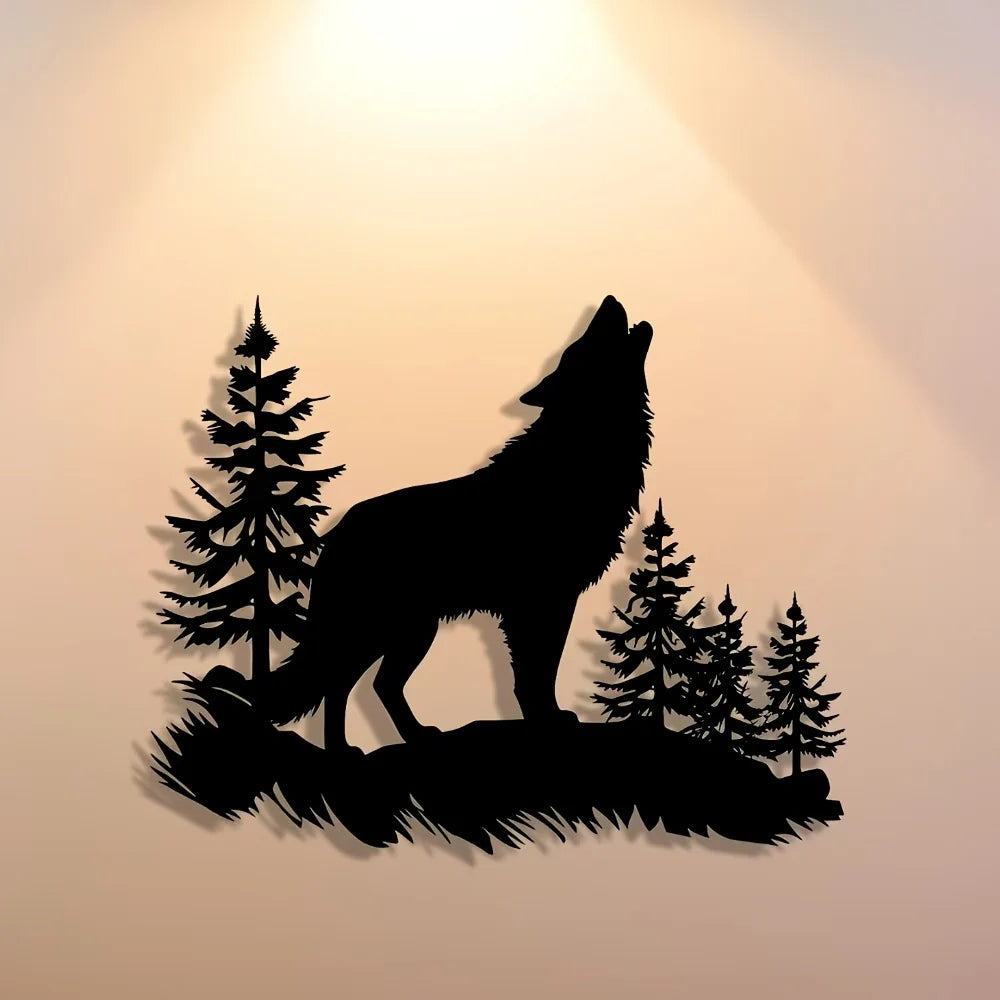 décoration murale métal loup hurlant arbres nature animaux contemporain chambre salon patio
