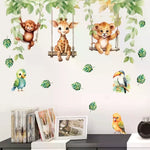 sticker mural animal jungle singe girafe lion balançoire feuilles multicolore chambre enfant