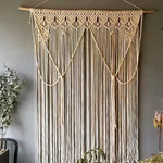 rideau macramé coton beige clair motif géométrique franges boho chic décoration intérieur séparation porte