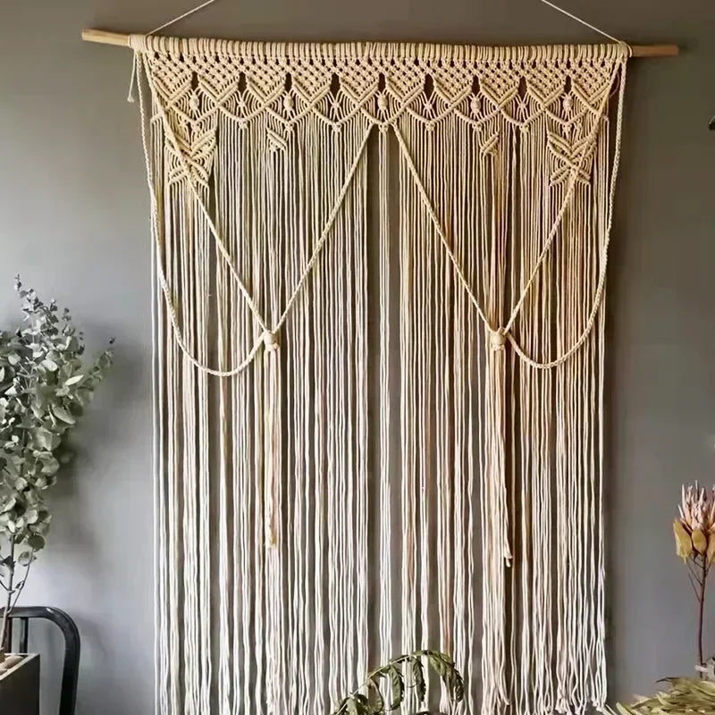 rideau macramé coton beige clair motif géométrique franges boho chic décoration intérieur séparation porte