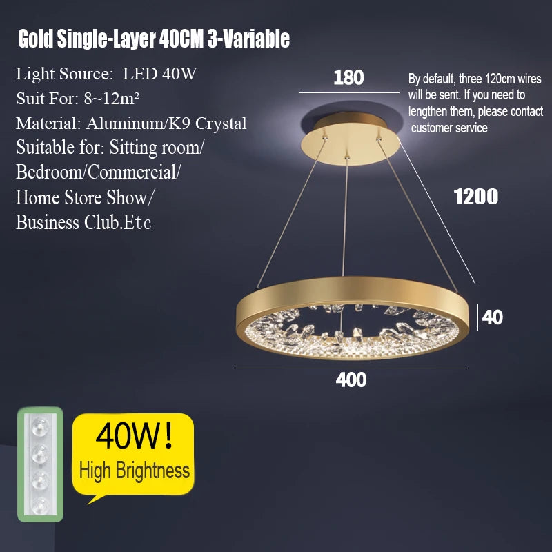 suspension lumineuse moderne or noir strass circulaire chambre salon led