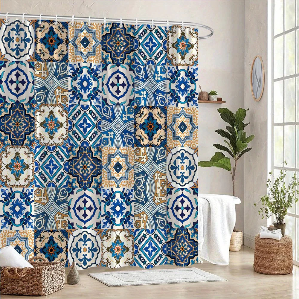 rideau douche vintage ethnique bleu blanc patchwork motifs géométriques opacité anneaux métalliques