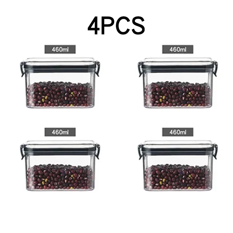 boîtes rangement alimentaire transparentes poignées noires multiple tailles réutilisables modernes pratiques épices pâtes graines