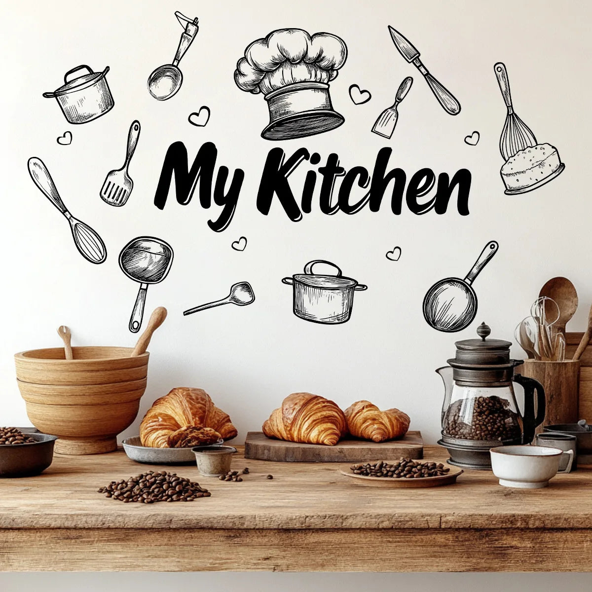 autocollant mural pvc noir ustensiles cuisine my kitchen dessin animé adhésif décoration maison