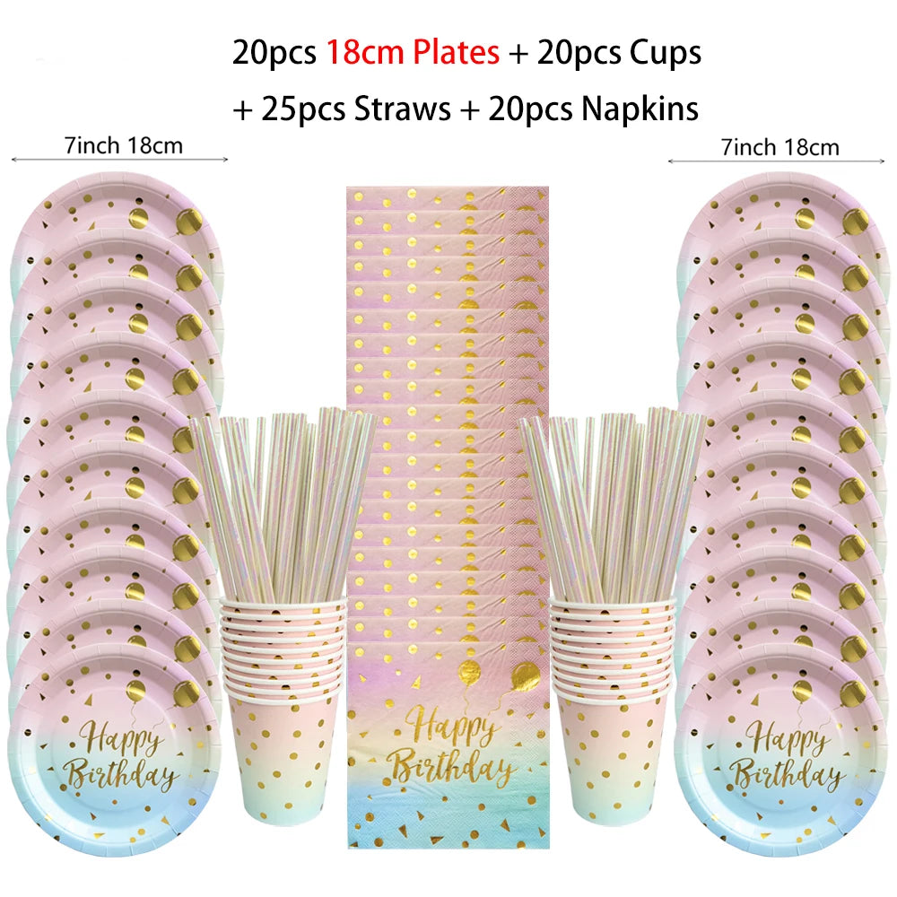 vaisselle jetable anniversaire arc ciel assiettes dorées points confettis serviettes verres festifs