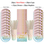 vaisselle jetable anniversaire arc ciel assiettes dorées points confettis serviettes verres festifs