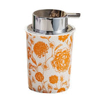 distributeur savon liquide fleurs stylisées blanc orange vert rouge doré opacité vintage