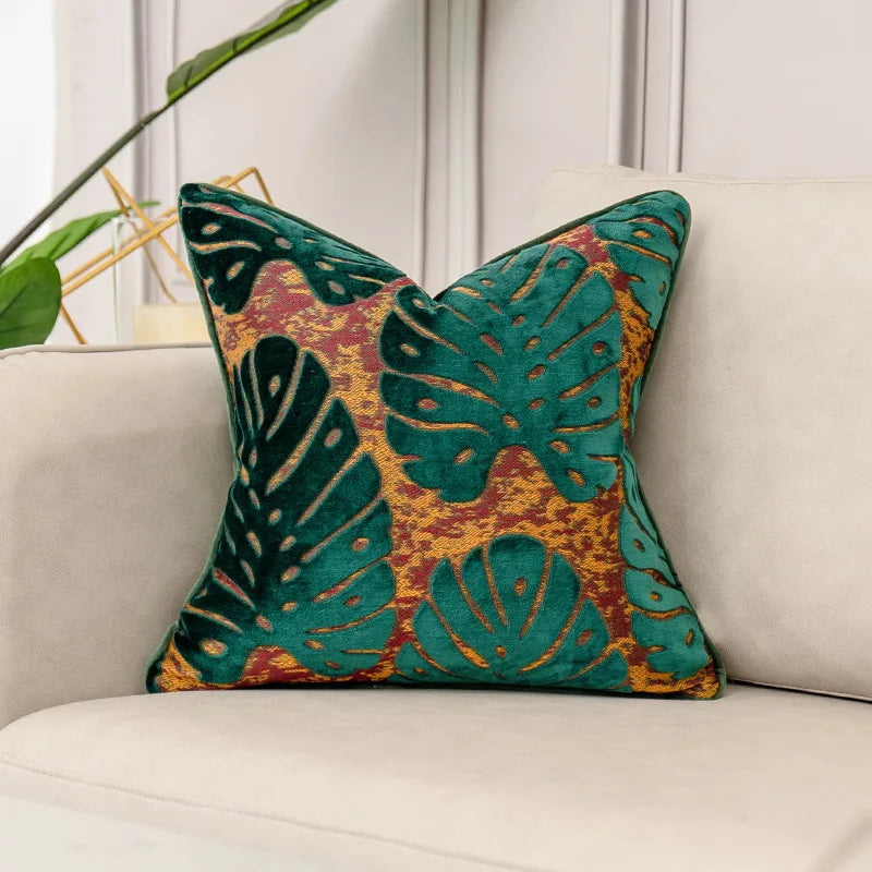 housse coussin velours vert motif feuilles tropicales 30x50cm 45x45cm 50x50cm deco moderne sofa chambrehôtel