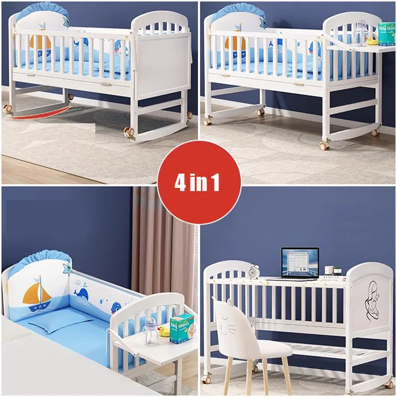 lit bébé multifonctionnel blanc imprimé marin matelas taie doreiller table langer roulettes moderne enfantin