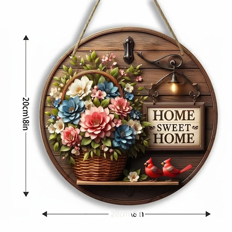 décoration murale couronne bois fleurs multicolores oiseaux rustique vintage sweet homearrière cour plage