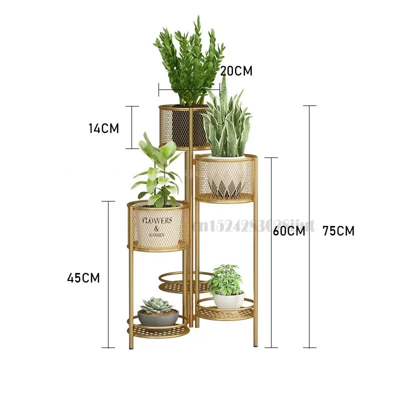 étagère plantes moderne or fer niveaux pots différents ajourées minimaliste
