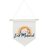 bannière eid mubarak arc ciel moderne tissu coloré blanc orange jaune bleu gris festive