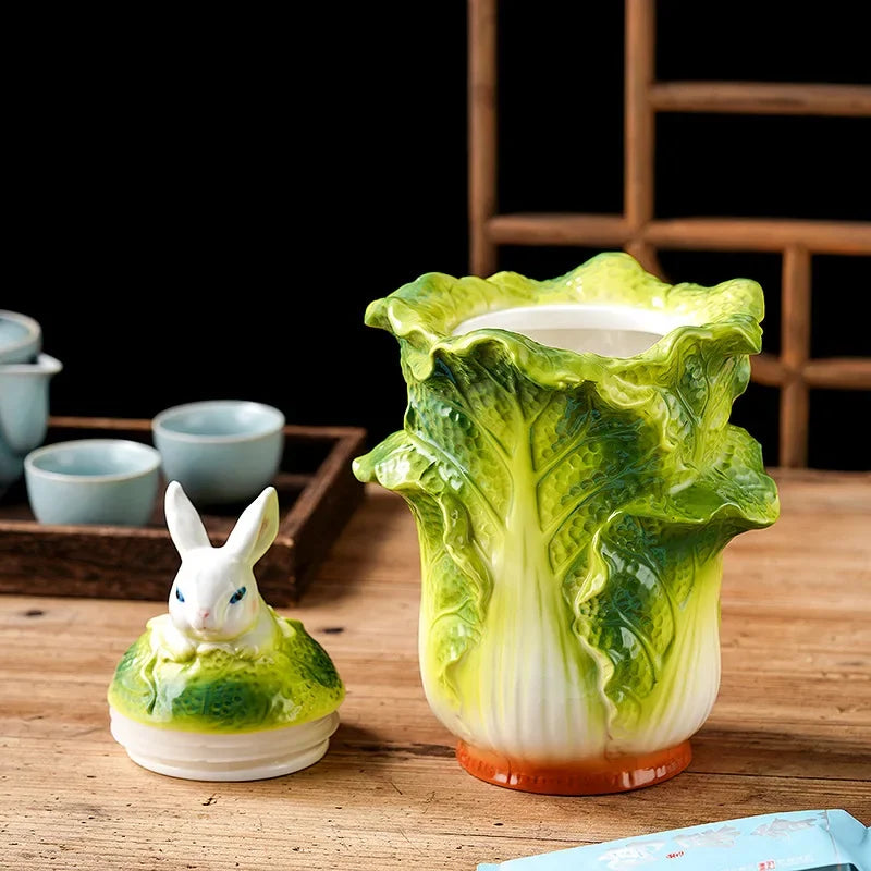 récipient decoratif forme chou couvercle lapin céramique vert blanc orange texturé ludique domestique hermétique