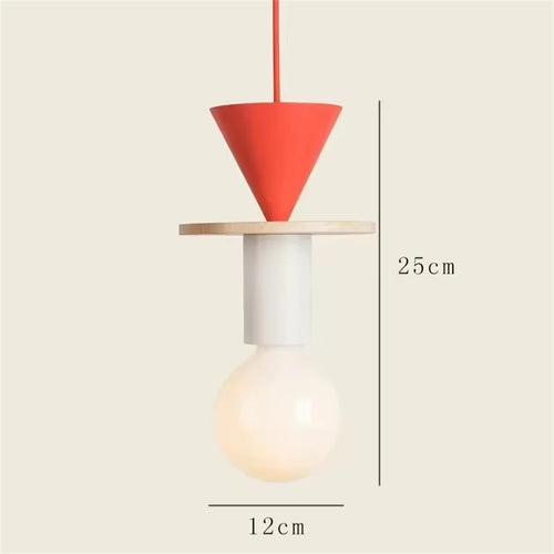 suspension luminaire bois moderne ampoule edison câble suspendu couleurs variées formes géométriques