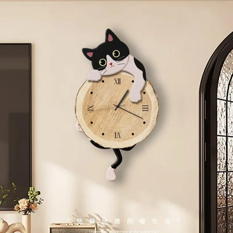 horloge murale chat dessin animé balançoire silencieuse salon chambre aiguille rouge noir moderne