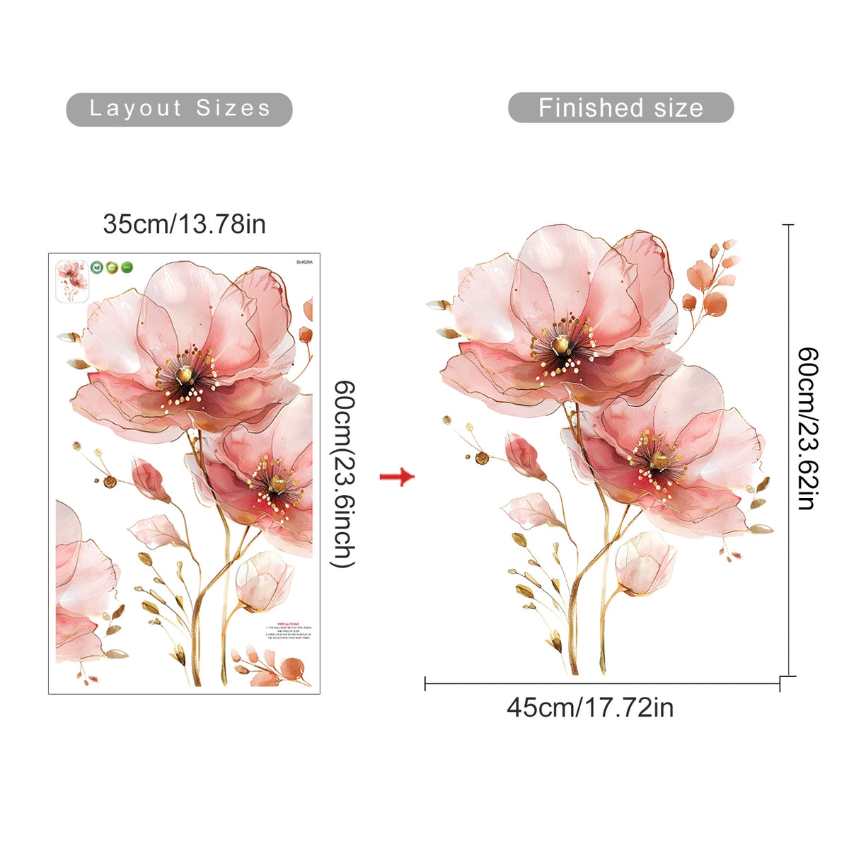 autocollant mural fleurs stylisées moderne rose clair doré deco chambre salon filles PVC removable