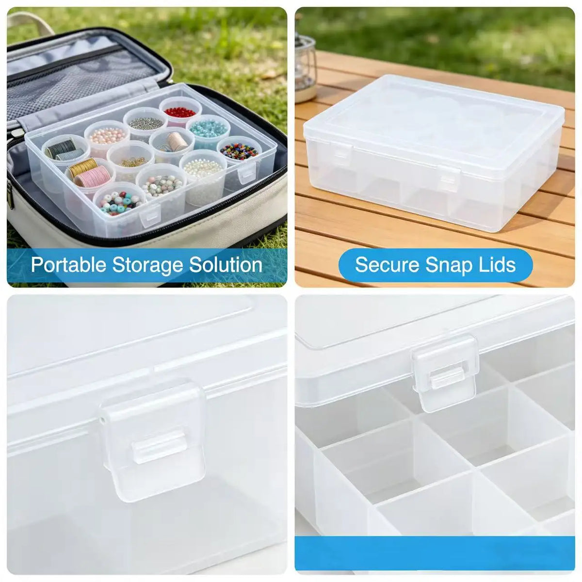 boîtes rangement transparentes compartiments snap latch pratique portables bijoux artisanal