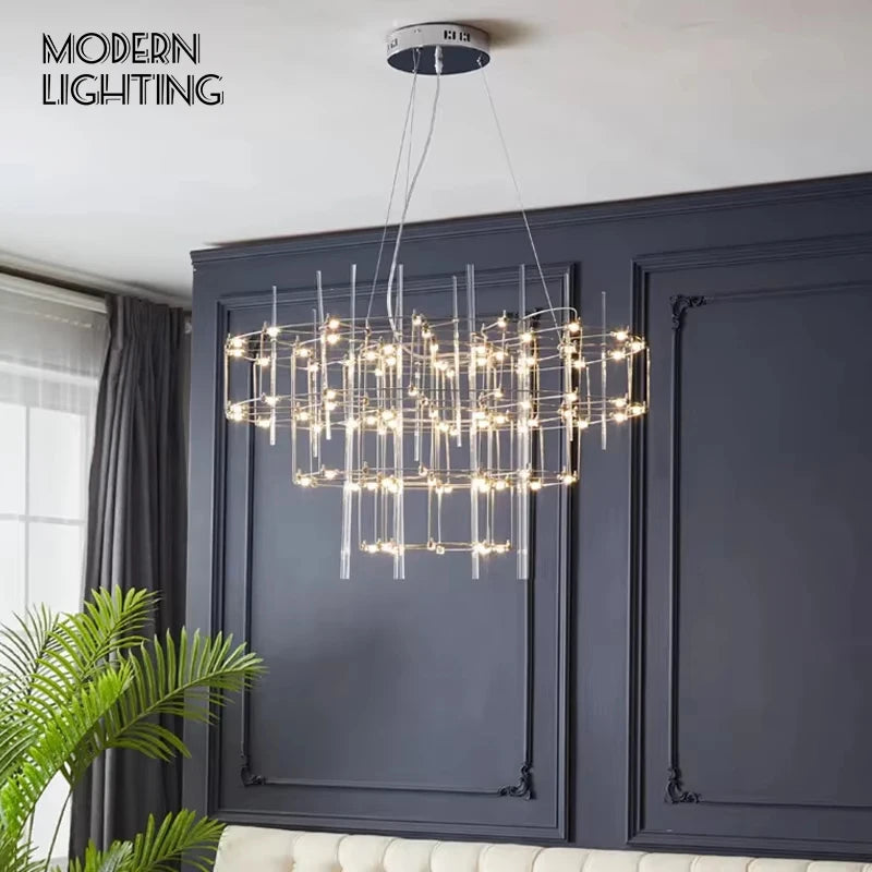 lustre suspension moderne cristal transparent acier inoxydable led salon maison luxe décoratif argenté