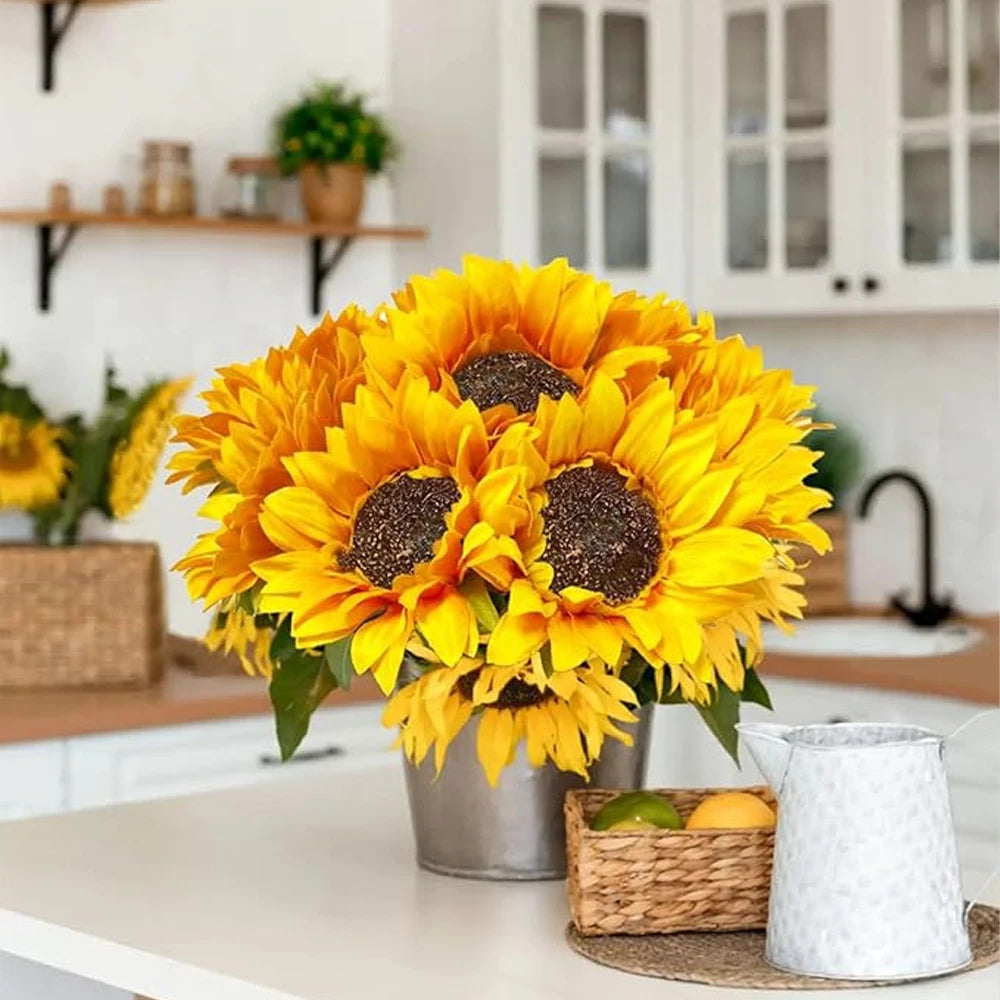 bouquet tournesols artificiels jaunes grandes feuilles vertes deco intérieur rustique opalescent naturel