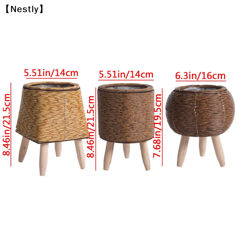 pot plante tressé rotin marron moderne rustique pieds bois artificielle