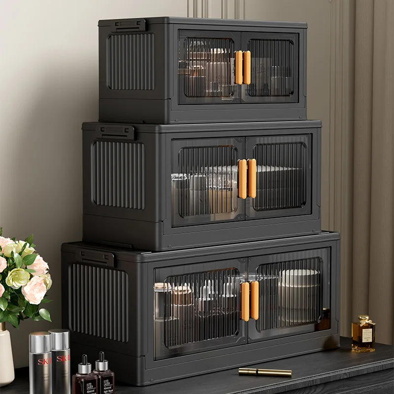 rangement modulaire meuble noir panneaux transparents poignées dorées roulettes facile assembler chambre salon cuisine