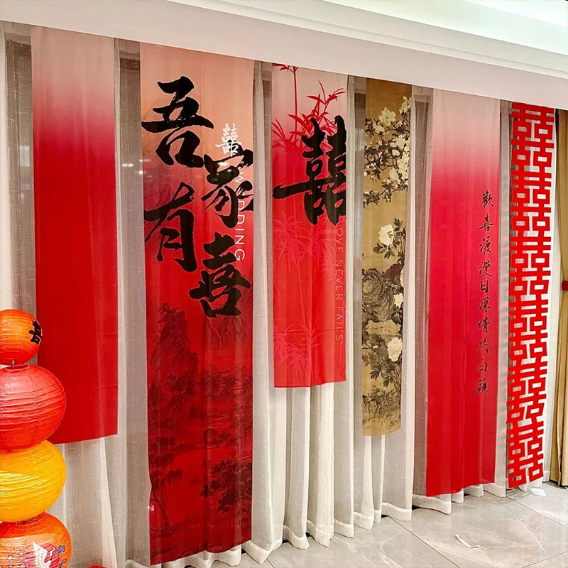 décoration mariage chinois bannière suspendue calligraphie rouge rubans texturés motifs floraux festive