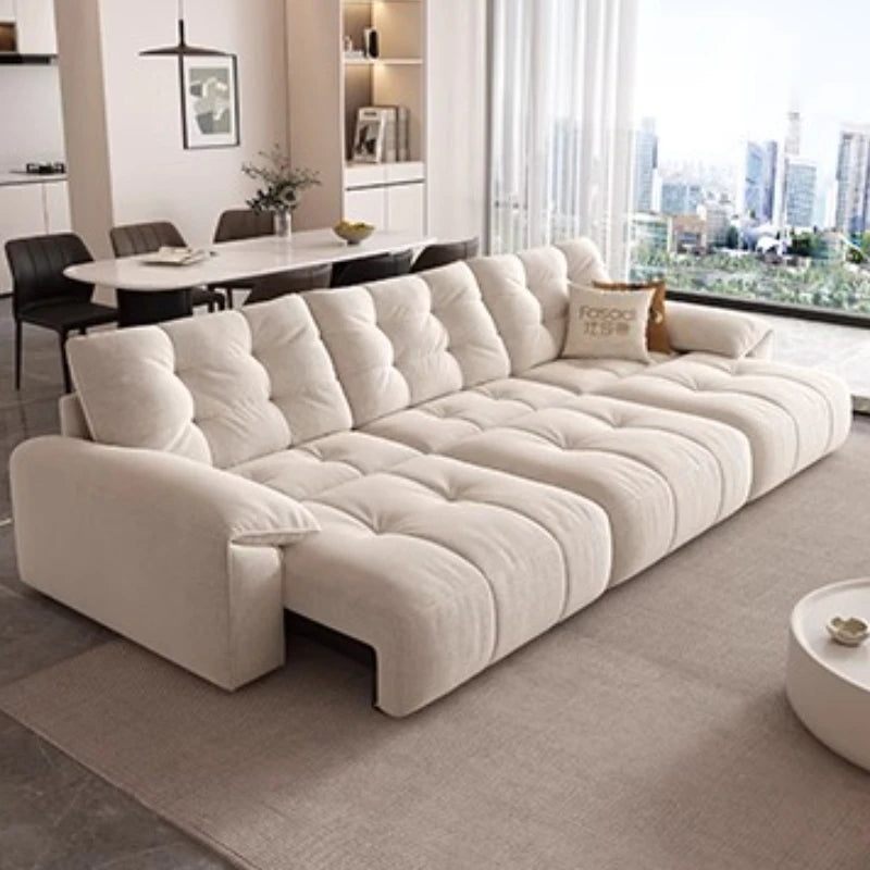 canapé lit moderne beige motif boutons adhésifs coussins salon bois tissus composites