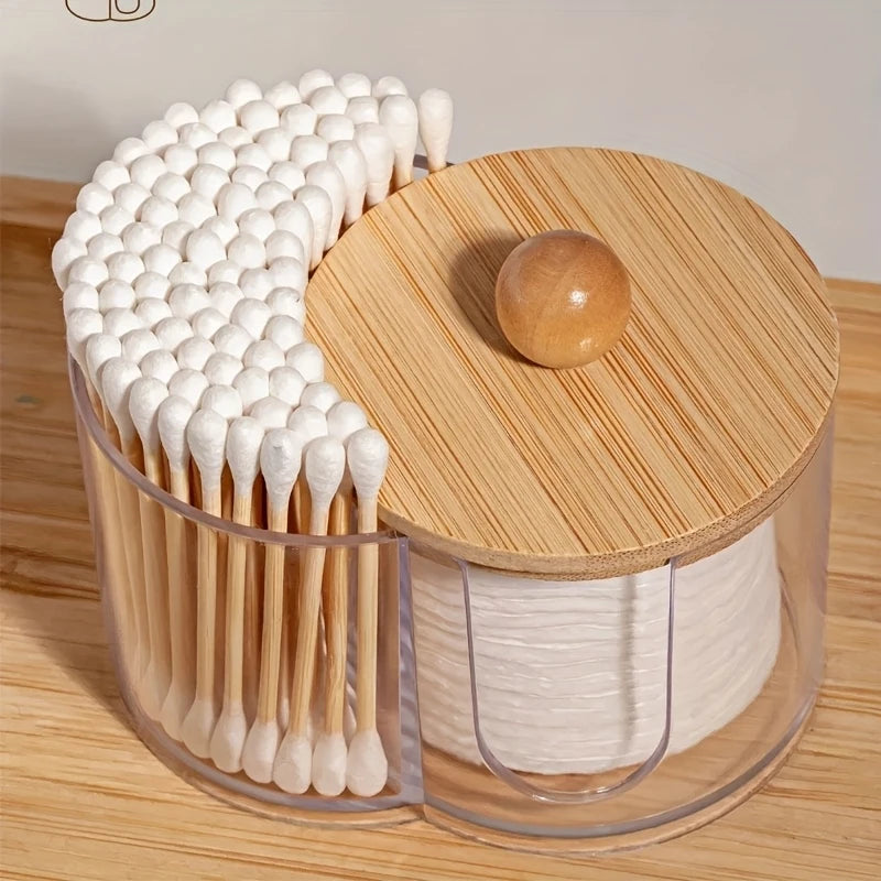 boîte transparente moderne coton tige serviettes toilette bois naturel rangement salle bain minimaliste
