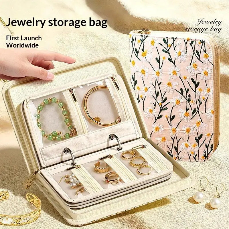 sac rangement bijoux zip fleurs motifs floraux beige doré blanc