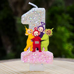 bougies décoratives teletubbies anniversaire enfant blanc rose pailletées brillantes multicolores personnages