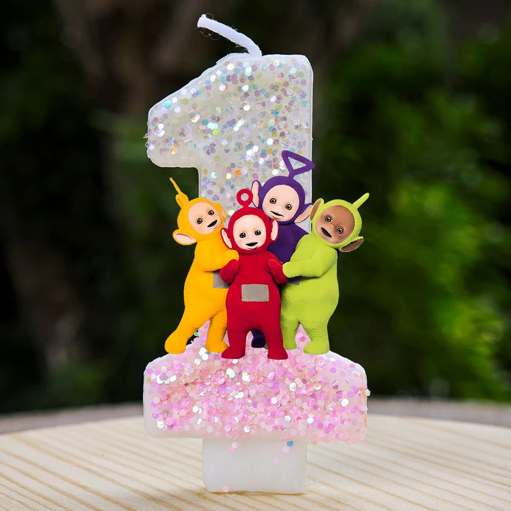 bougies décoratives teletubbies anniversaire enfant blanc rose pailletées brillantes multicolores personnages