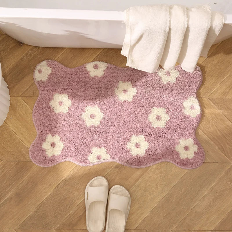 tapis bain moderne rose clair fleurs blanches absorbant rapide sec handwashable polyester