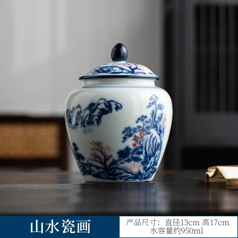 pot thé céramique blanc bleu paysage chinois couvercle fleurs montagnes arbre traditionnel