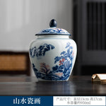 pot thé céramique blanc bleu paysage chinois couvercle fleurs montagnes arbre traditionnel