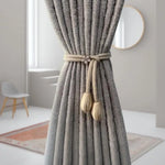 rideaux gris clair texture lin classique clous décoratifs rubans pompons sans perçage