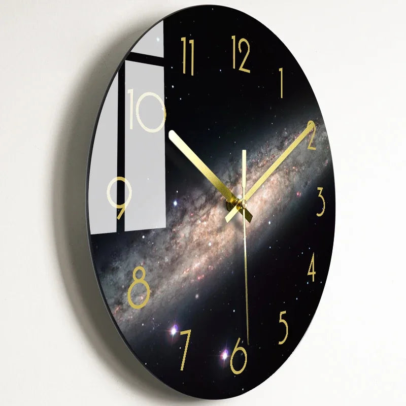 horloge murale moderne noire étoiles galaxie lumineuses salon décoration opaque aiguilles électrique