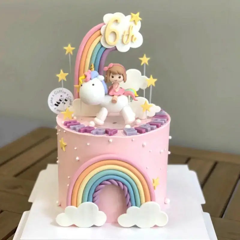 décoration gâteau licorne arc ciel nuages étoiles anniversaire enfant joyeux festif sixième troisième